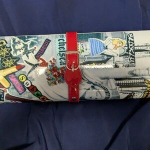 Vintage NYC Collage Clutch With Red Buckle And Chain Strap